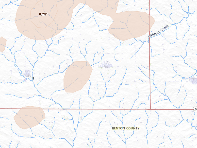 Radar-estimated hail-size map of the storm over Van Horne, IA on Apr 17, 2026