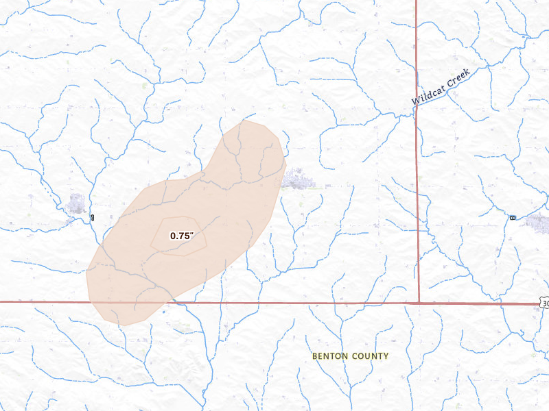 Radar-estimated hail-size map of the storm over Van Horne, IA on Jul 2, 2026