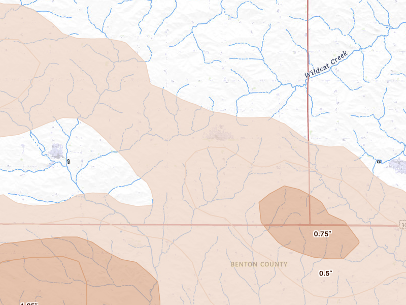 Radar-estimated hail-size map of the storm over Van Horne, IA on Aug 11, 2026