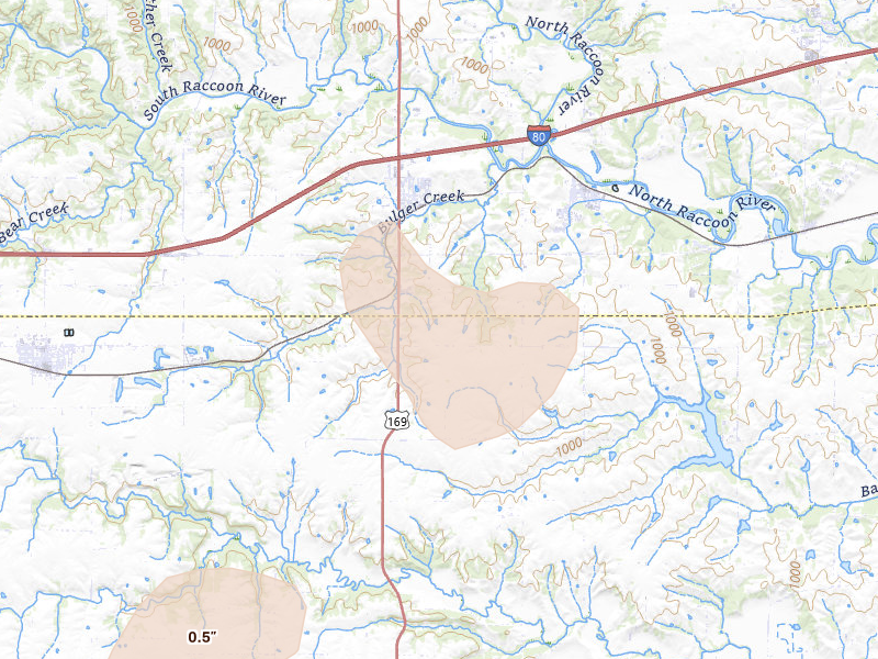 Radar-estimated hail-size map of the storm over Van Meter, IA on Apr 17, 2026