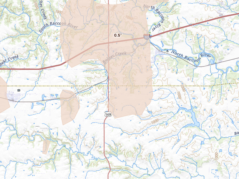 Radar-estimated hail-size map of the storm over Van Meter, IA on Apr 23, 2026