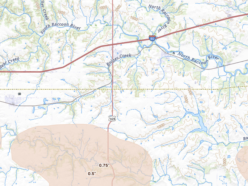 Radar-estimated hail-size map of the storm over Van Meter, IA on May 15, 2026