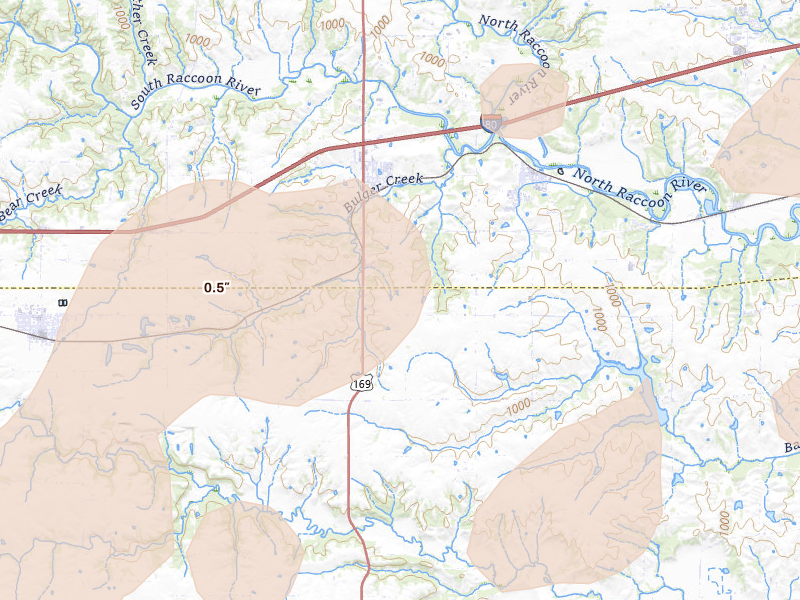 Radar-estimated hail-size map of the storm over Van Meter, IA on May 18, 2026