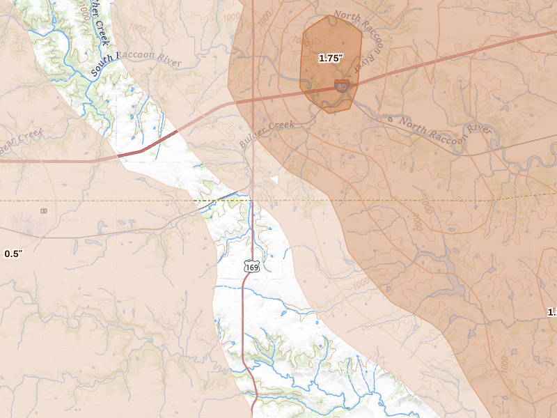 Radar-estimated hail-size map of the storm over Van Meter, IA on Jul 20, 2026