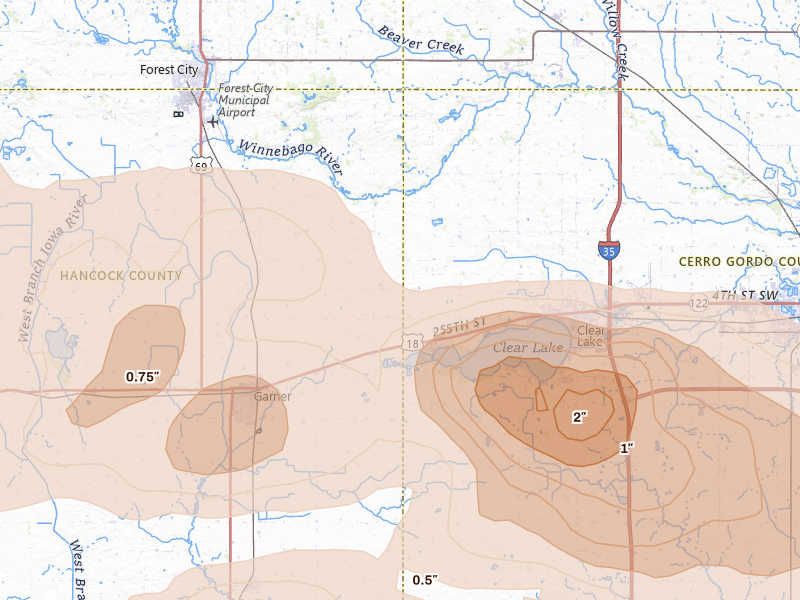 Radar-estimated hail-size map of the storm over Ventura, IA on May 15, 2026