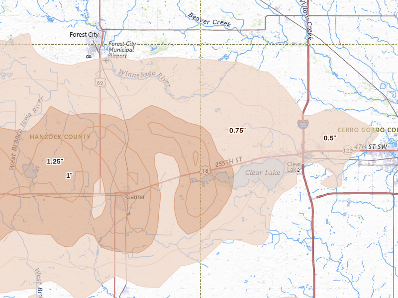 Radar-estimated hail-size map of the storm over Ventura, IA on Jun 28, 2026
