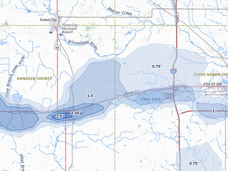 NEXRAD radar-signature map of the hail storm over Ventura, IA on Jun 28, 2026