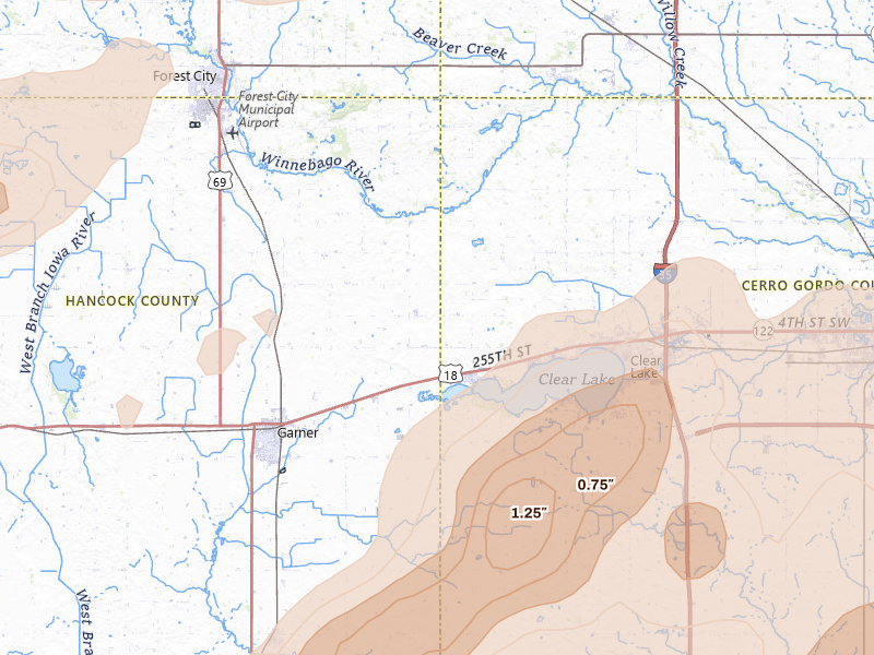 Radar-estimated hail-size map of the storm over Ventura, IA on Jul 2, 2026