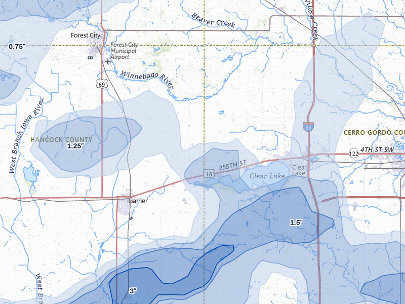 NEXRAD radar-signature map of the hail over Ventura, IA
