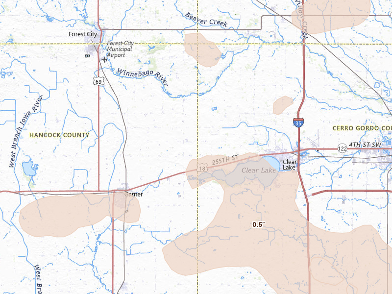 Radar-estimated hail-size map of the storm over Ventura, IA on Jul 8, 2026