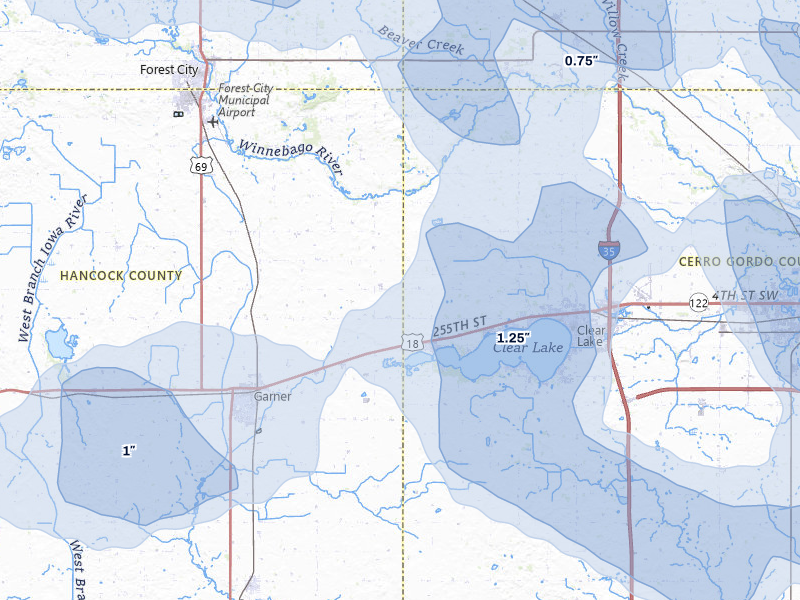 NEXRAD radar-signature map of the hail storm over Ventura, IA on Jul 8, 2026