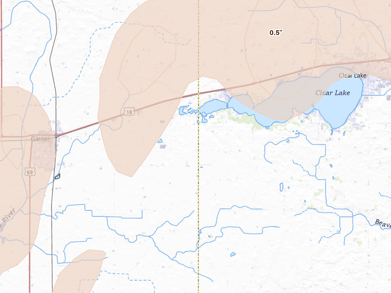 Radar-estimated hail-size map of the storm over Ventura, IA on Aug 7, 2026
