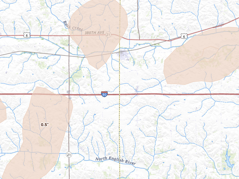 Radar-estimated hail-size map of the storm over Victor, IA on Jul 3, 2026