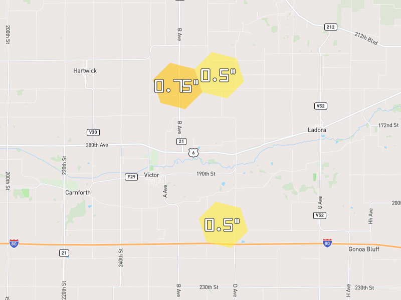 Hail map of Victor, IA on Jul 3, 2026, hail up to 0.75"