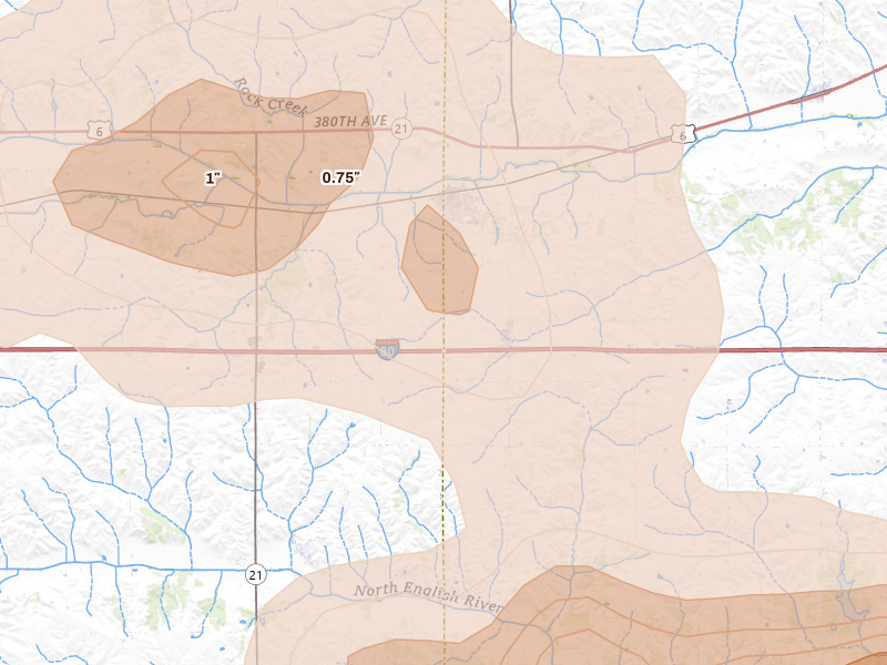 Radar-estimated hail-size map of the storm over Victor, IA on Aug 7, 2026