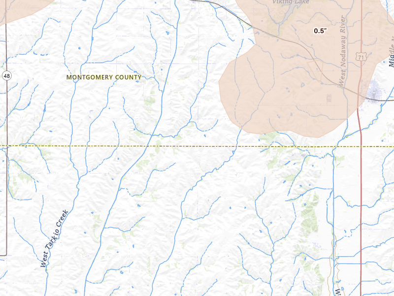 Radar-estimated hail-size map of the storm over Villisca, IA on May 15, 2026