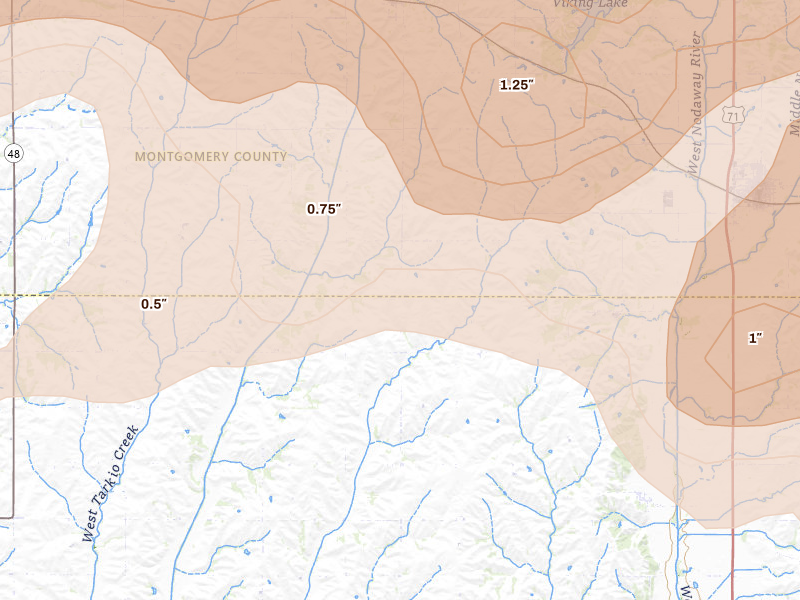 Radar-estimated hail-size map of the storm over Villisca, IA on May 16, 2026