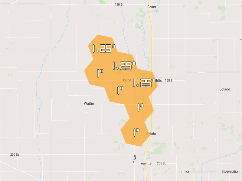 Hail map of Villisca, IA on Jun 6, 2026, hail up to 1.25"