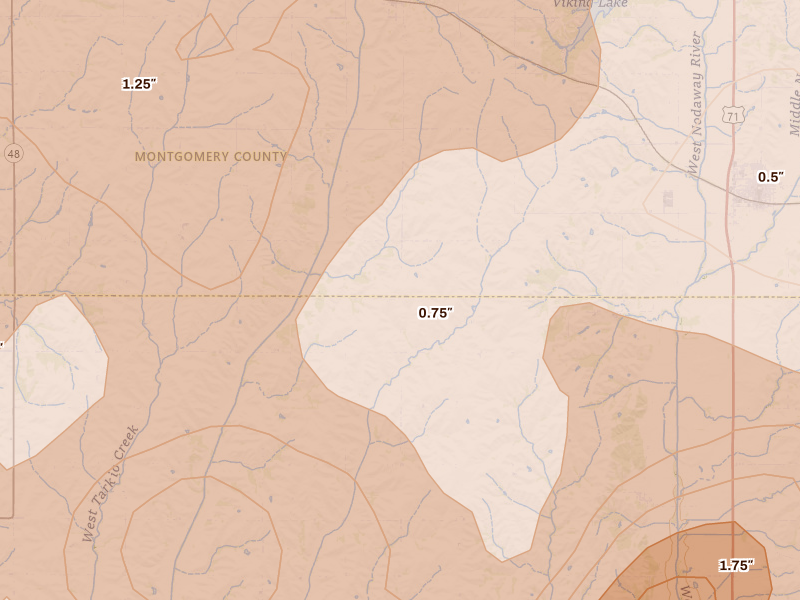 Radar-estimated hail-size map of the storm over Villisca, IA on Jun 10, 2026