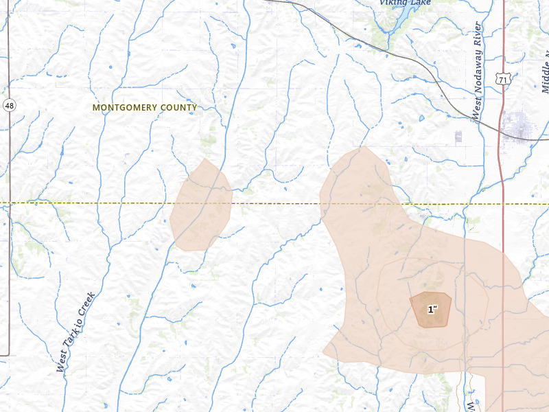 Radar-estimated hail-size map of the storm over Villisca, IA on Jul 20, 2026