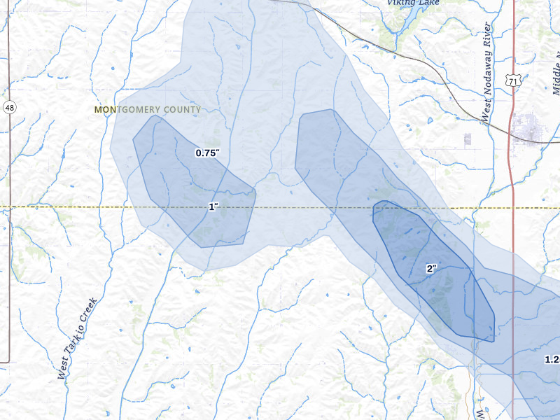 NEXRAD radar-signature map of the hail storm over Villisca, IA on Jul 20, 2026