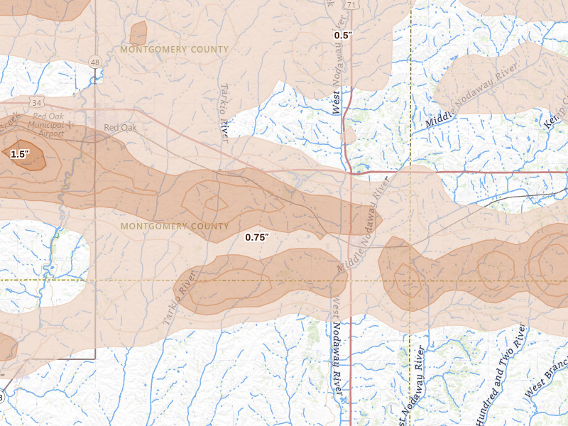Radar-estimated hail-size map of the storm over Villisca, IA on Aug 4, 2026