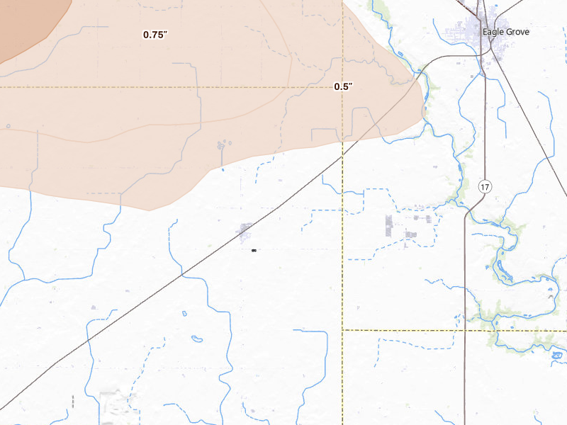 Radar-estimated hail-size map of the storm over Vincent, IA on May 15, 2026