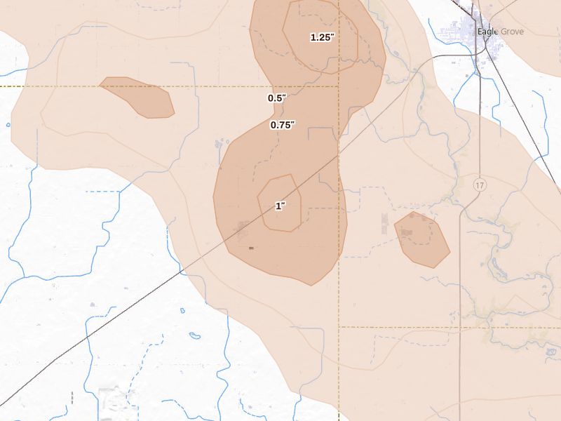Radar-estimated hail-size map of the storm over Vincent, IA on Jul 20, 2026