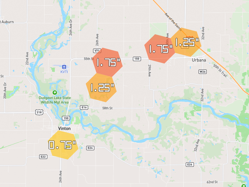 Hail map of Vinton, IA on Jul 2, 2026, hail up to 1.75"