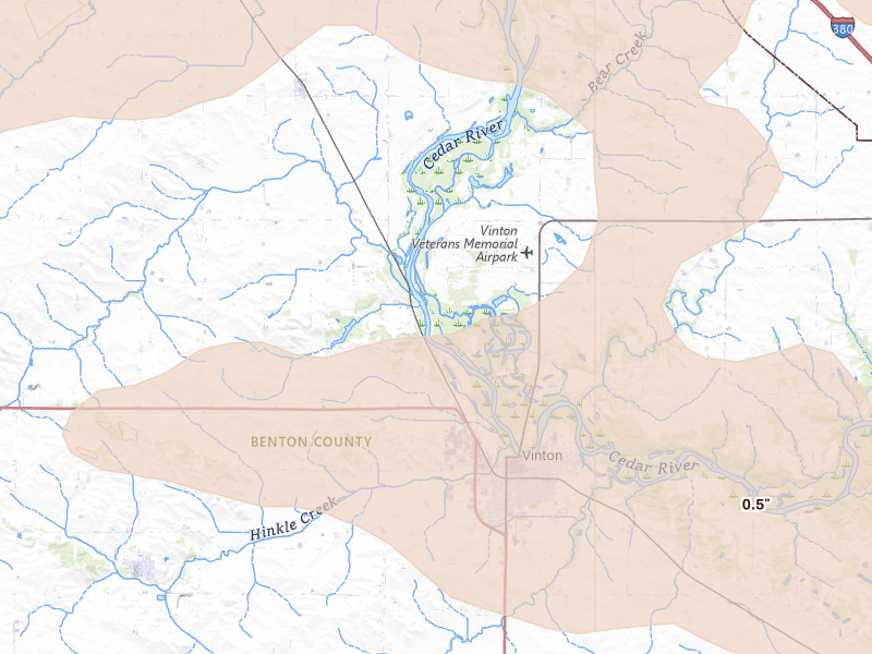 Radar-estimated hail-size map of the storm over Vinton, IA on Aug 7, 2026