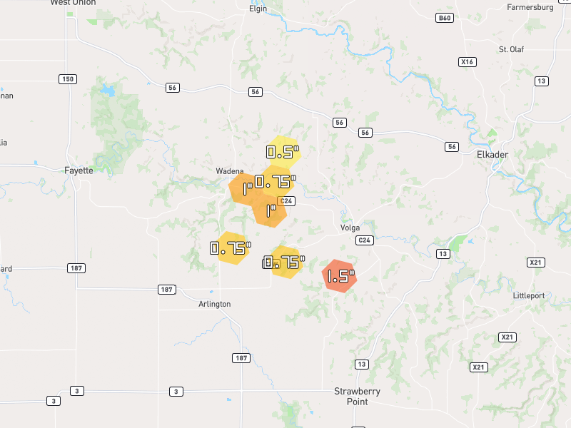 Hail map of Wadena, IA on Jul 2, 2026, hail up to 1.5"