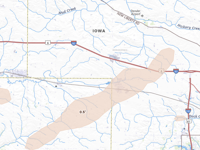 Radar-estimated hail-size map of the storm over Walcott, IA on Jun 11, 2026