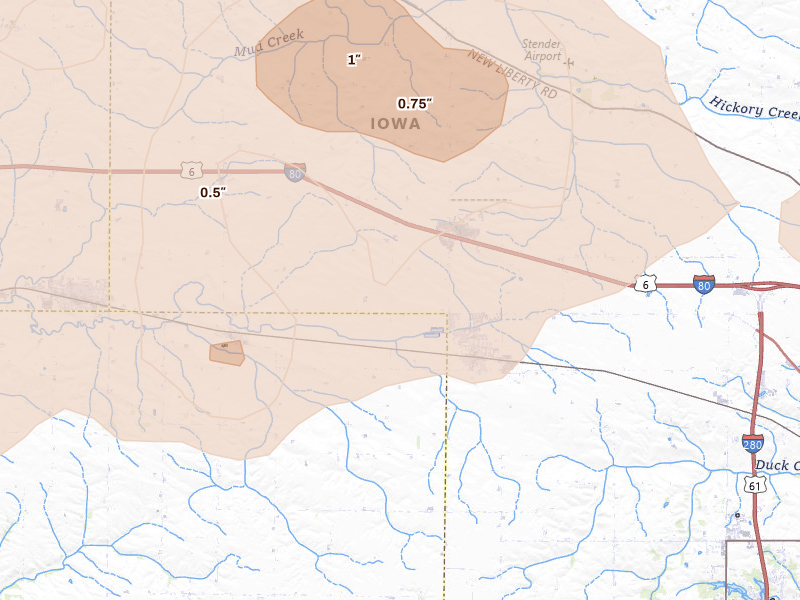 Radar-estimated hail-size map of the storm over Walcott, IA on Jul 3, 2026