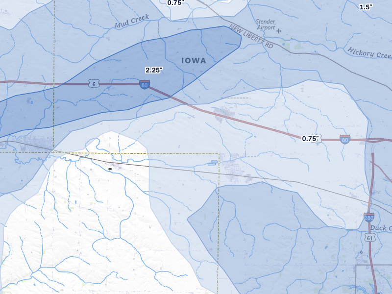 NEXRAD radar-signature map of the hail storm over Walcott, IA on Jul 3, 2026