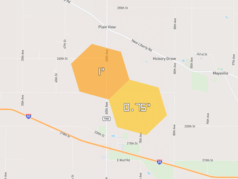 Hail map of Walcott, IA on Jul 3, 2026, hail up to 1"