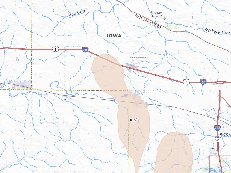 Radar-estimated hail-size map of the storm over Walcott, IA on Jul 20, 2026