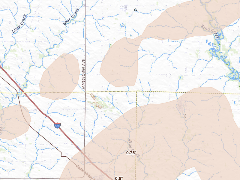Radar-estimated hail-size map of the storm over Walker, IA on Apr 17, 2026