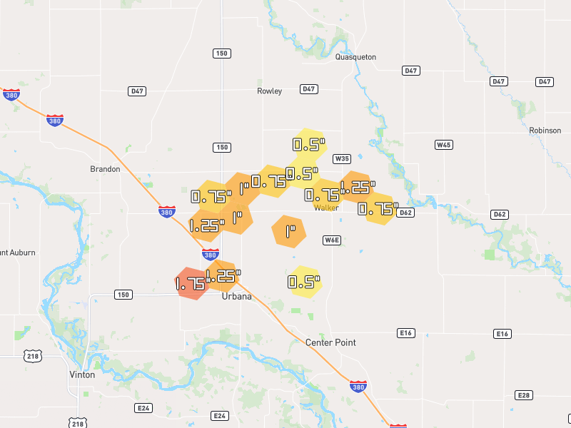 Hail map of Walker, IA on Jul 2, 2026, hail up to 1.75"