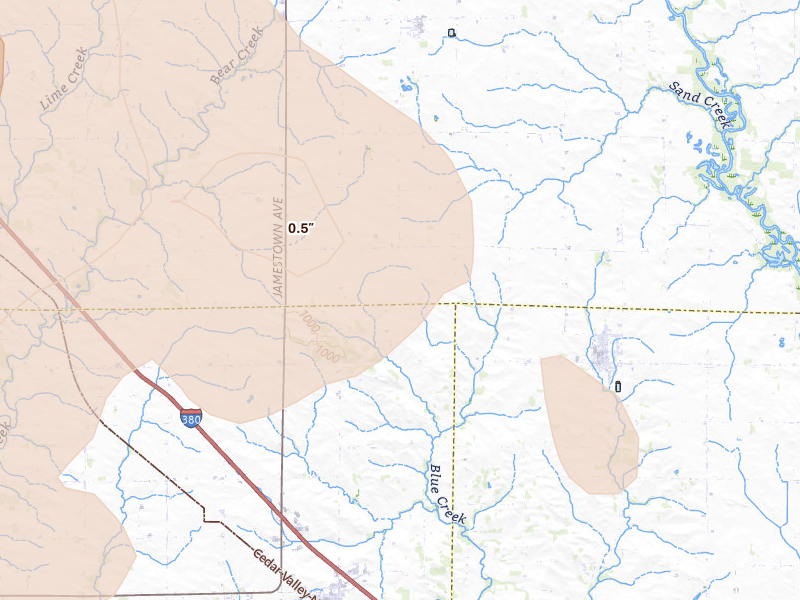 Radar-estimated hail-size map of the storm over Walker, IA on Aug 7, 2026