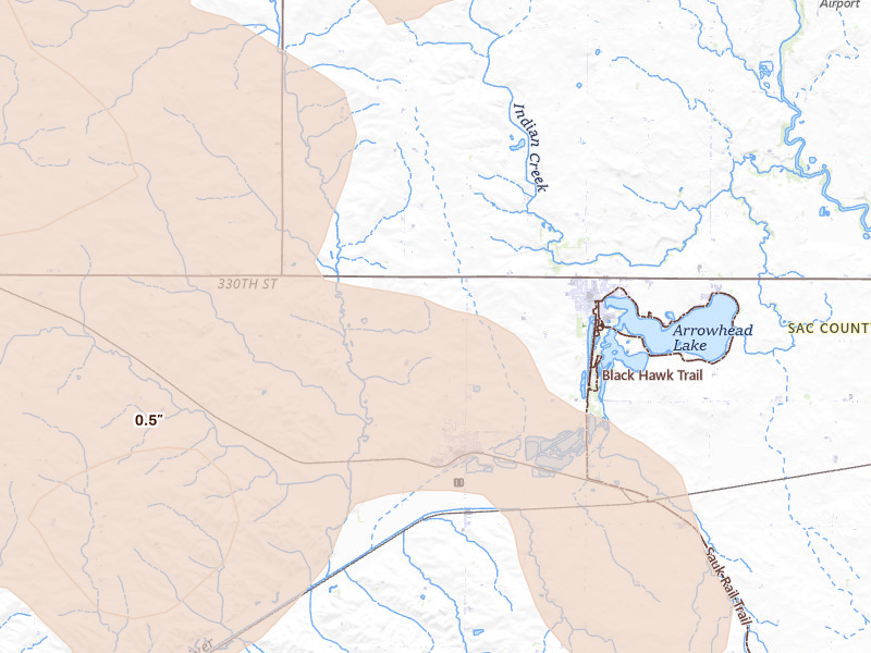 Radar-estimated hail-size map of the storm over Wall Lake, IA on Jul 8, 2026