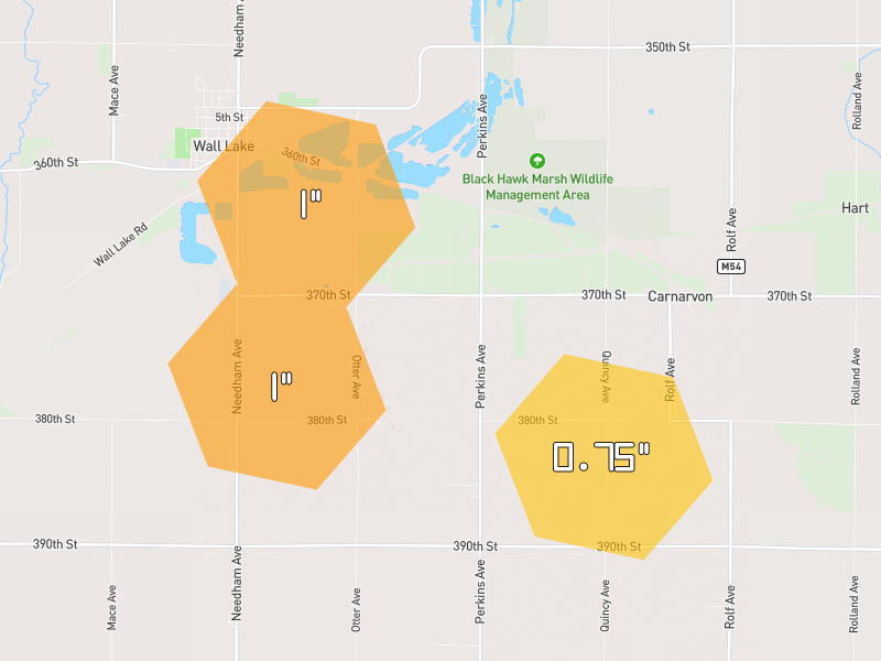 Hail map of Wall Lake, IA on Jul 8, 2026, hail up to 1"
