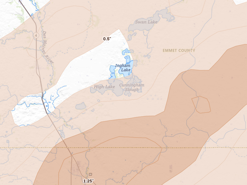 Radar-estimated hail-size map of the storm over Wallingford, IA on Apr 13, 2026