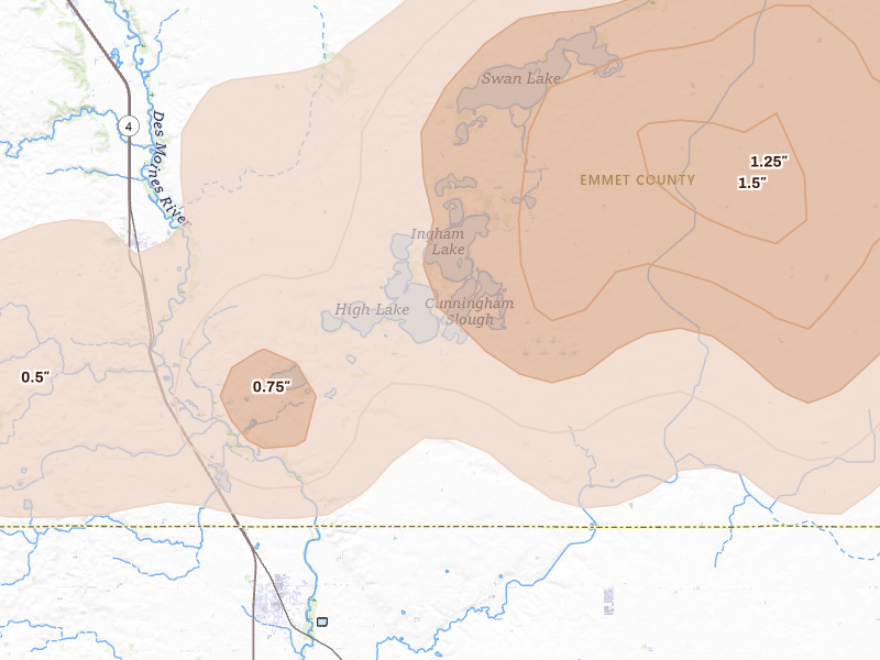 Radar-estimated hail-size map of the storm over Wallingford, IA on May 15, 2026