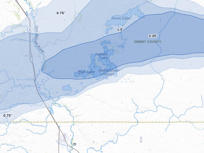 NEXRAD radar-signature map of the hail storm over Wallingford, IA on May 15, 2026