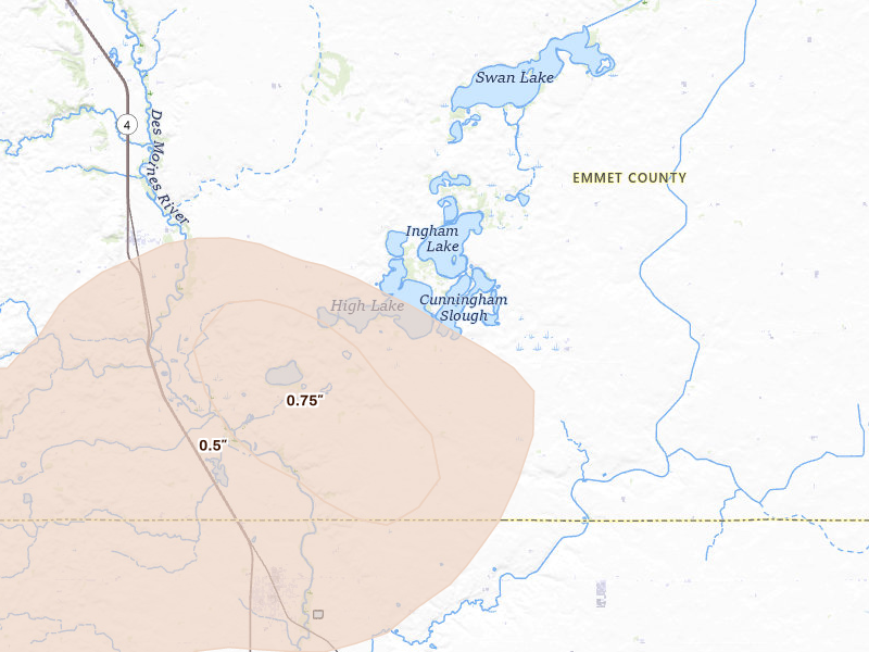 Radar-estimated hail-size map of the storm over Wallingford, IA on Jun 27, 2026