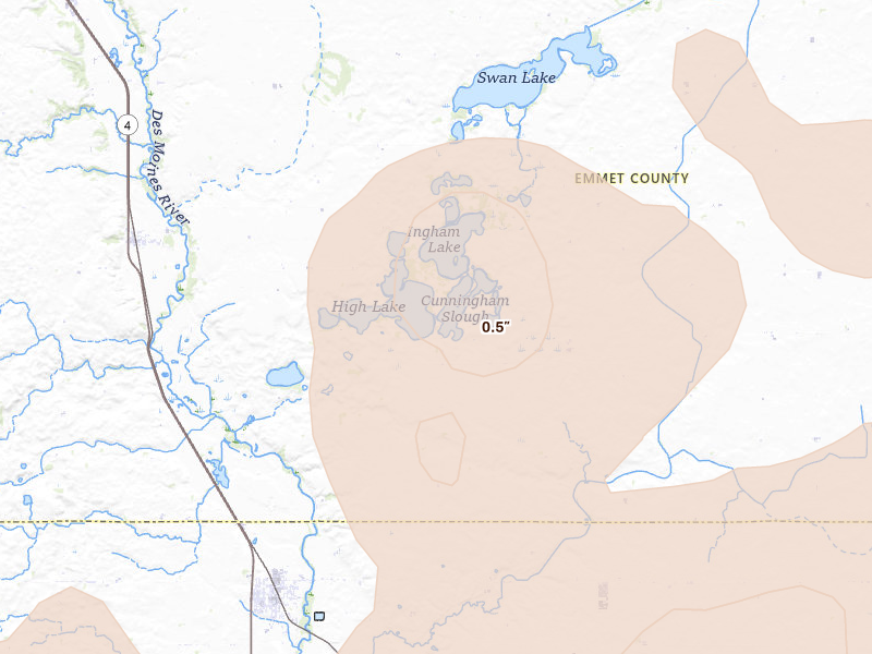 Radar-estimated hail-size map of the storm over Wallingford, IA on Jun 28, 2026