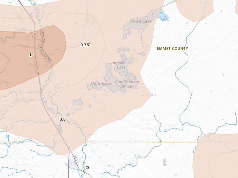 Radar-estimated hail-size map of the storm over Wallingford, IA on Aug 8, 2026