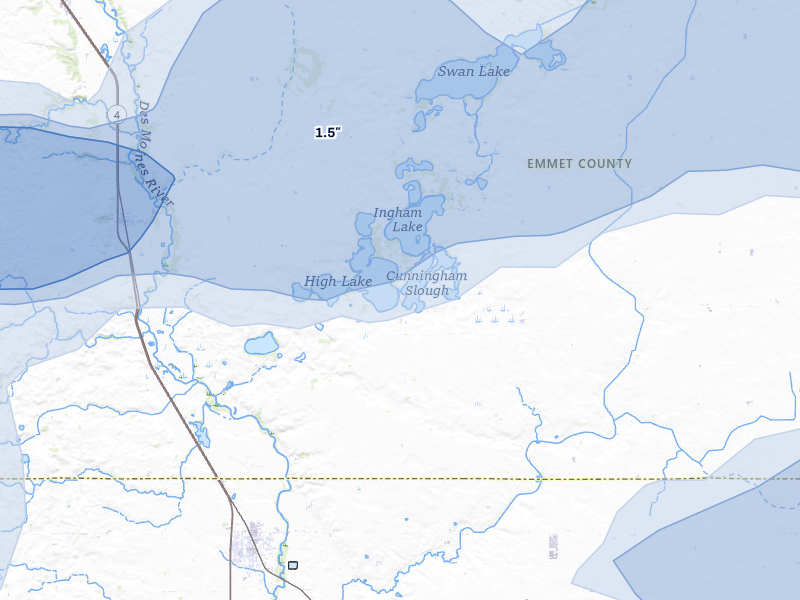 NEXRAD radar-signature map of the hail storm over Wallingford, IA on Aug 8, 2026