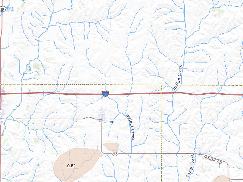 Radar-estimated hail-size map of the storm over Walnut, IA on May 15, 2026