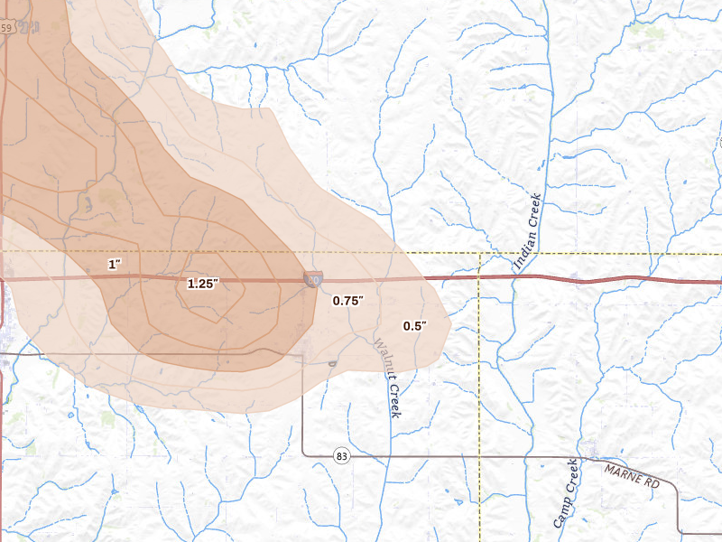 Radar-estimated hail-size map of the storm over Walnut, IA on May 31, 2026